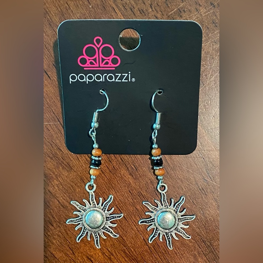 Paparazzi Earrings, silver toned dangle with beads and sun charm.